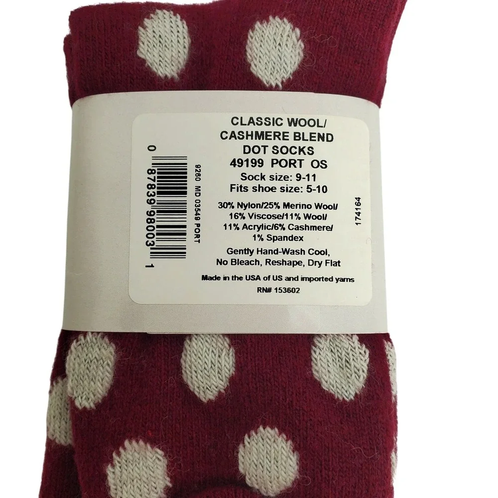 New Garnet Hill Dot Socks 9-11 Warm Cozy Cashmere Blend Crew Port Holiday Gift